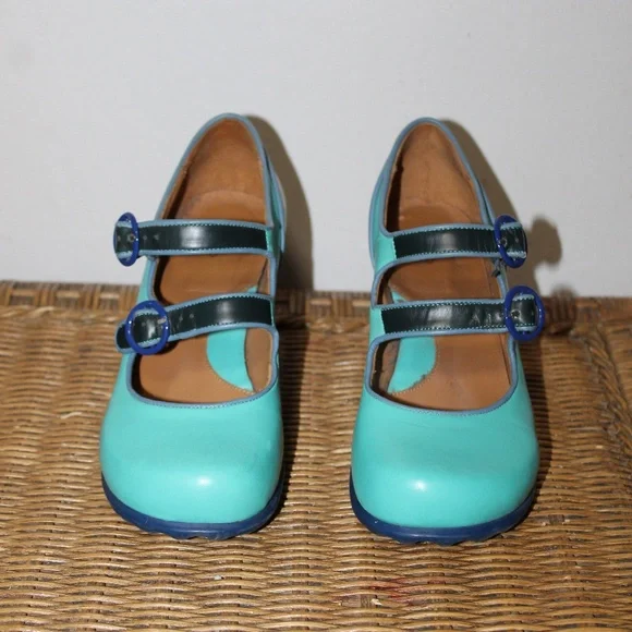 John Fluevog Teal & Navy Mary Jane Heels.  Sz. 10 - Picture 2 of 12